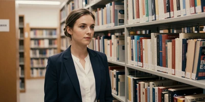 Female neurologist in a research library surrounded by bookshelves