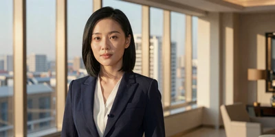 Asian female anesthesiologist in a luxury apartment with city view