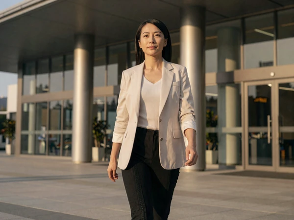 Asian nurse practitioner walking through a modern medical plaza at golden hour