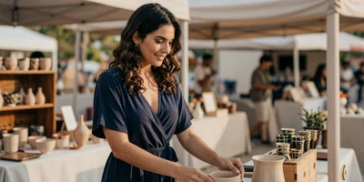 Latina woman browsing pottery at a weekend craft fair