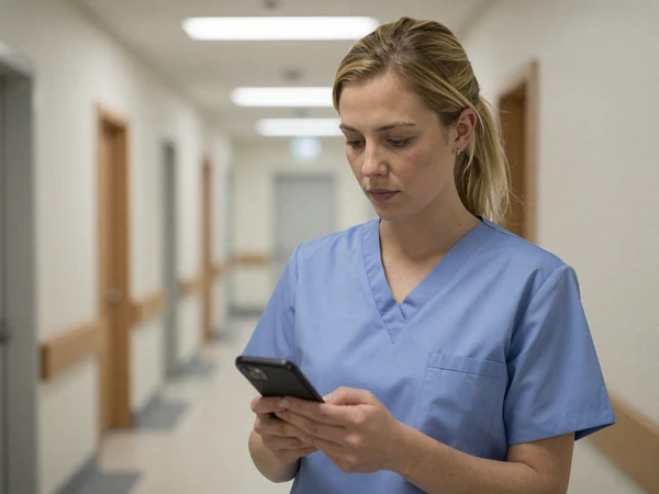 Female OB/GYN in scrubs checking her phone in a modern hospital hallway after a long shift