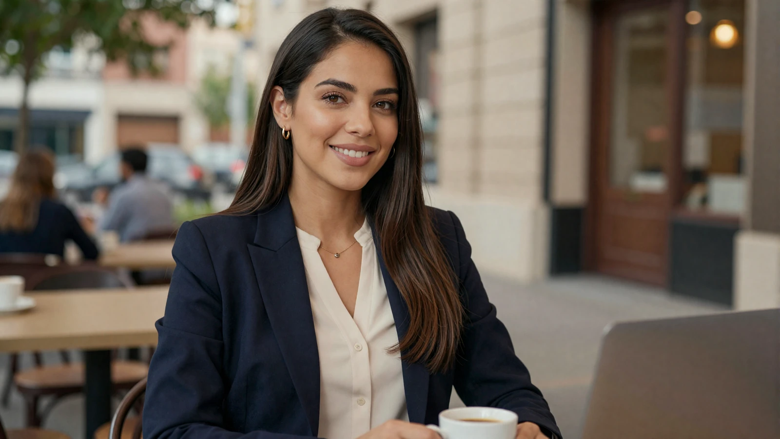 Female paramedic smiling at an outdoor cafe in business casual attire