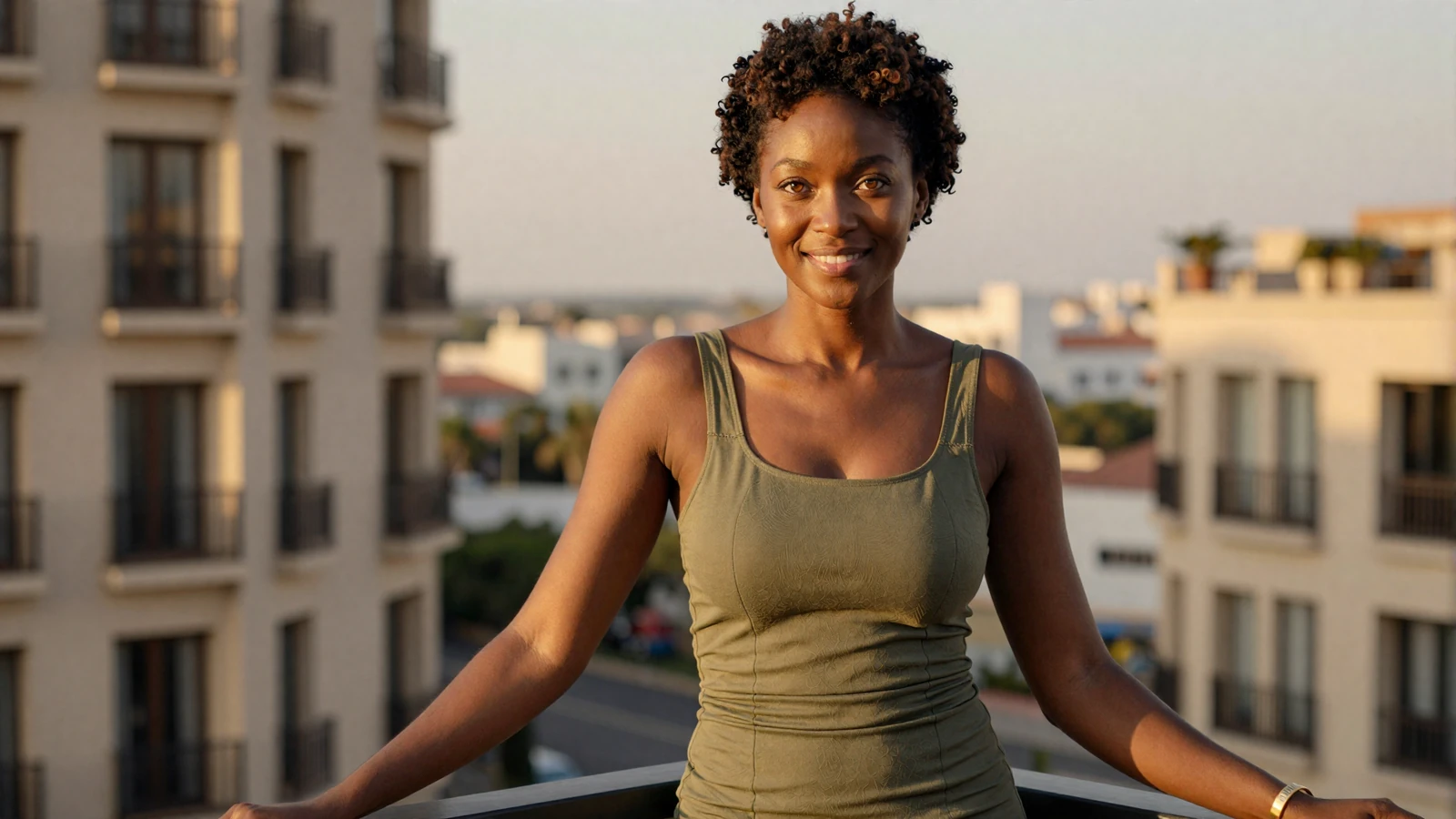 Confident female respiratory therapist enjoying sunset on a hotel balcony