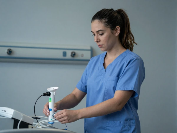 Latina female respiratory therapist adjusting a ventilator in an ICU room