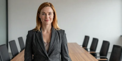 Female cardiologist in a blazer standing in a modern conference room