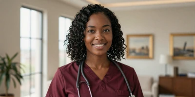 Black female critical care nurse in a luxury apartment with elegant burgundy blouse