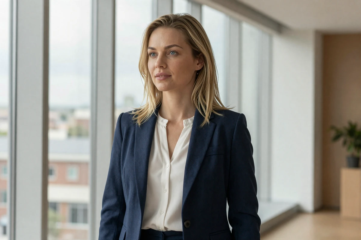 Female internist in a navy blazer standing thoughtfully in a bright modern office