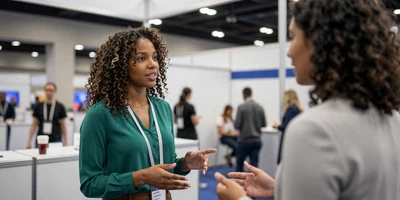 Female doctor networking at a medical conference with a confident expression