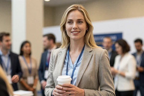 Female doctor networking at a medical conference with a confident expression