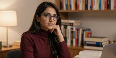 Female neurologist in a study with books and warm lamp lighting