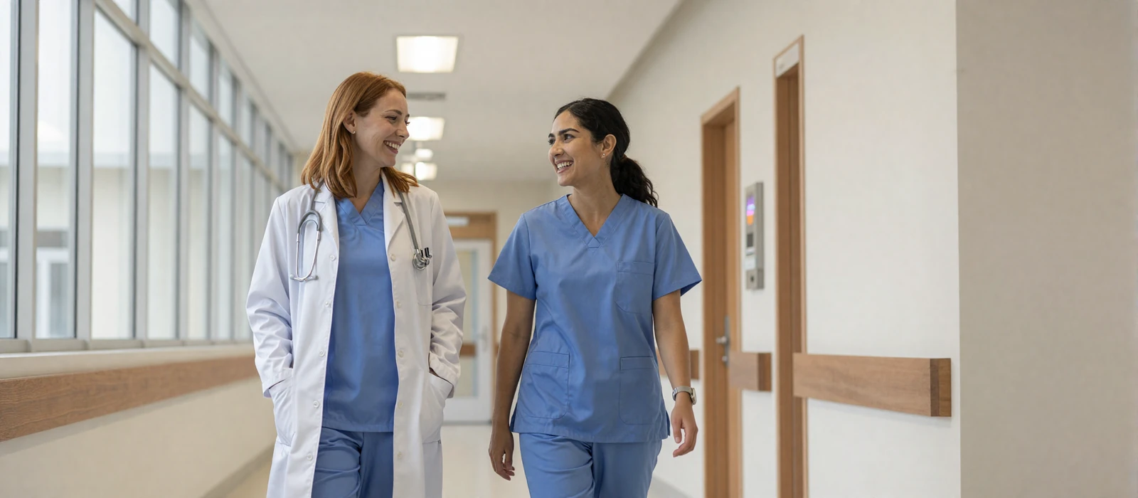 Female doctor and female nurse walking together through a bright hospital corridor