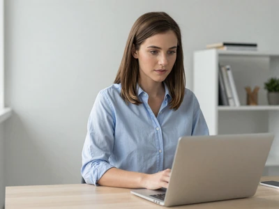 Woman creating her verified profile on a laptop in a modern office