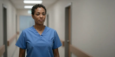 Female surgeon in scrubs standing confidently in a modern hospital hallway
