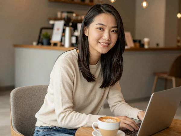 Female radiologist in a casual sweater working on a laptop at a modern coffee shop