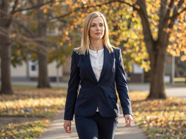 Female physical therapist walking through a sunny park in smart casual attire