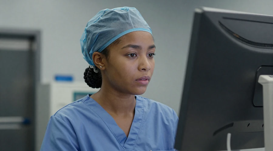 Female otolaryngologist reviewing imaging on a monitor in an operating room