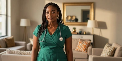 Black female respiratory therapist in a sunlit luxury apartment