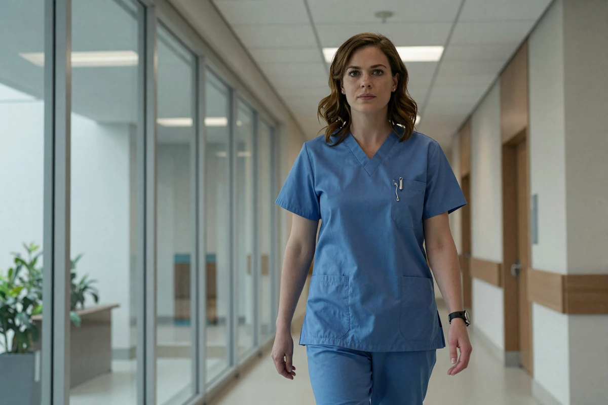 Female ER doctor in scrubs walking confidently through a modern hospital lobby
