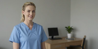 Female otolaryngologist in a bright clinic room wearing scrubs