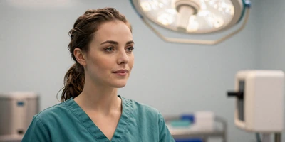 Female anesthesiologist in scrubs in an operating room prep area