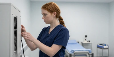 White female respiratory therapist adjusting ventilation equipment
