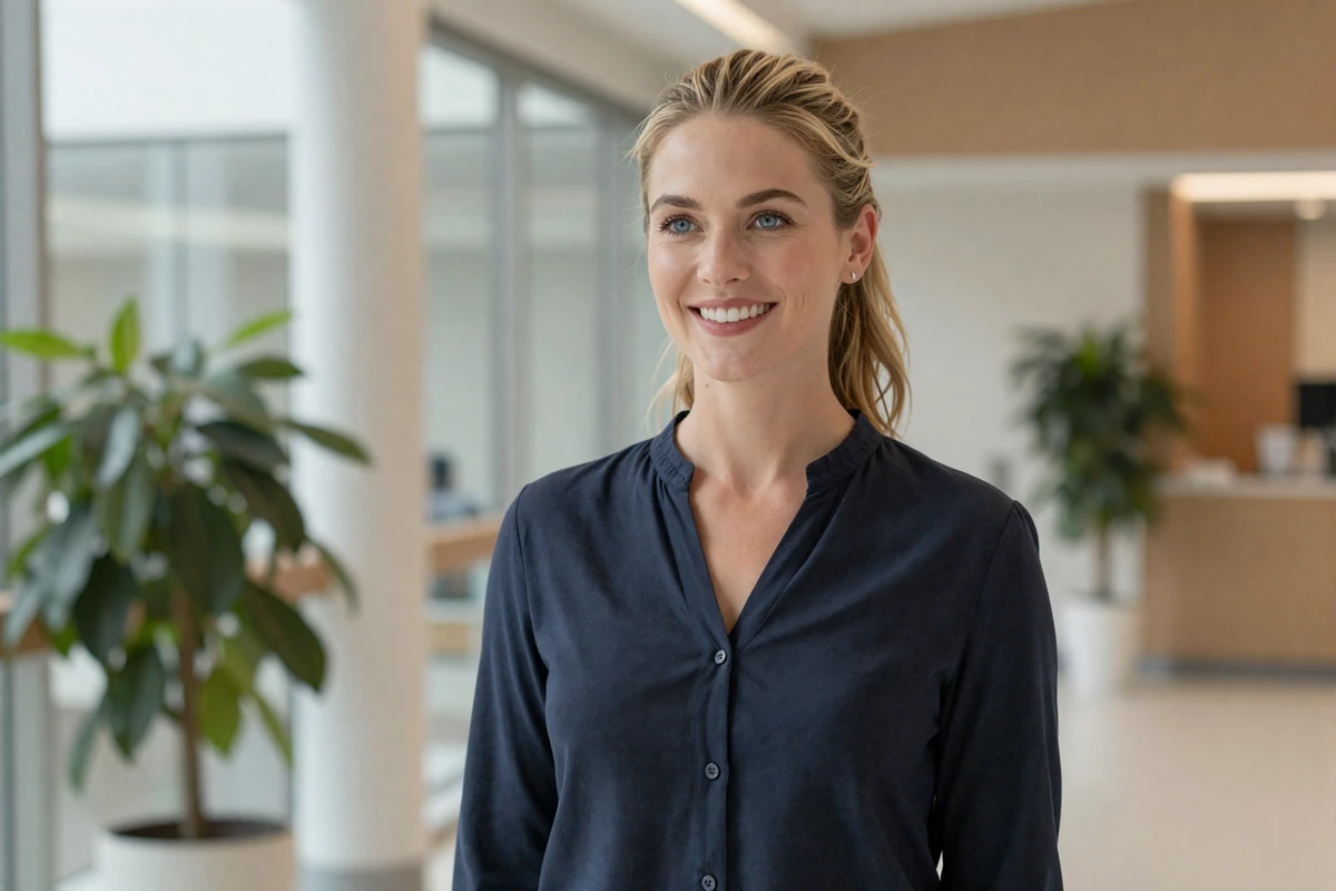 Female nurse smiling warmly in a modern hospital lobby