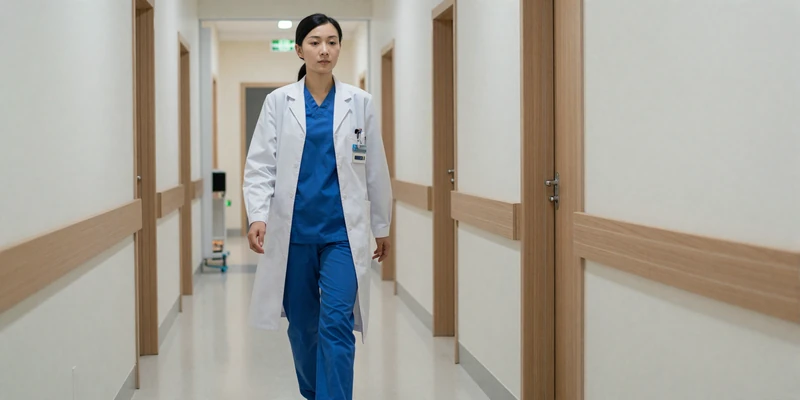 Female urologist in scrubs and lab coat walking purposefully through a bright hospital corridor