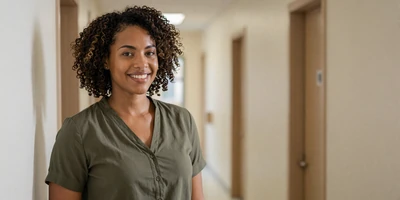 Female family doctor in a bright community clinic hallway