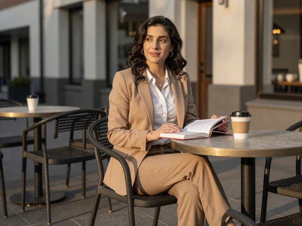 Female pharmacist relaxing with a book at an outdoor cafe