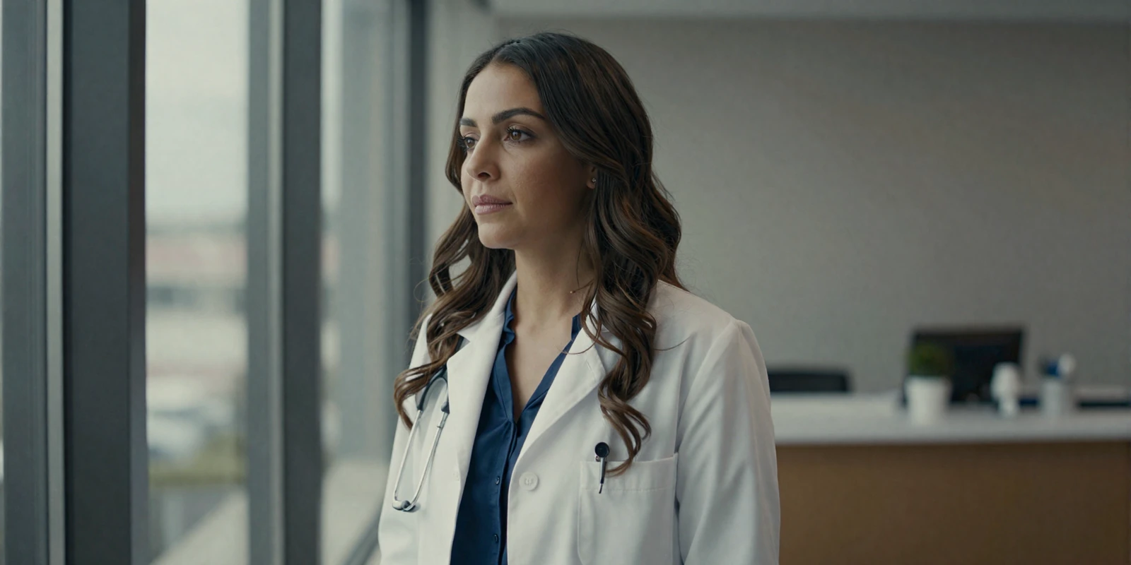 Female doctor looking thoughtful in a private clinic setting