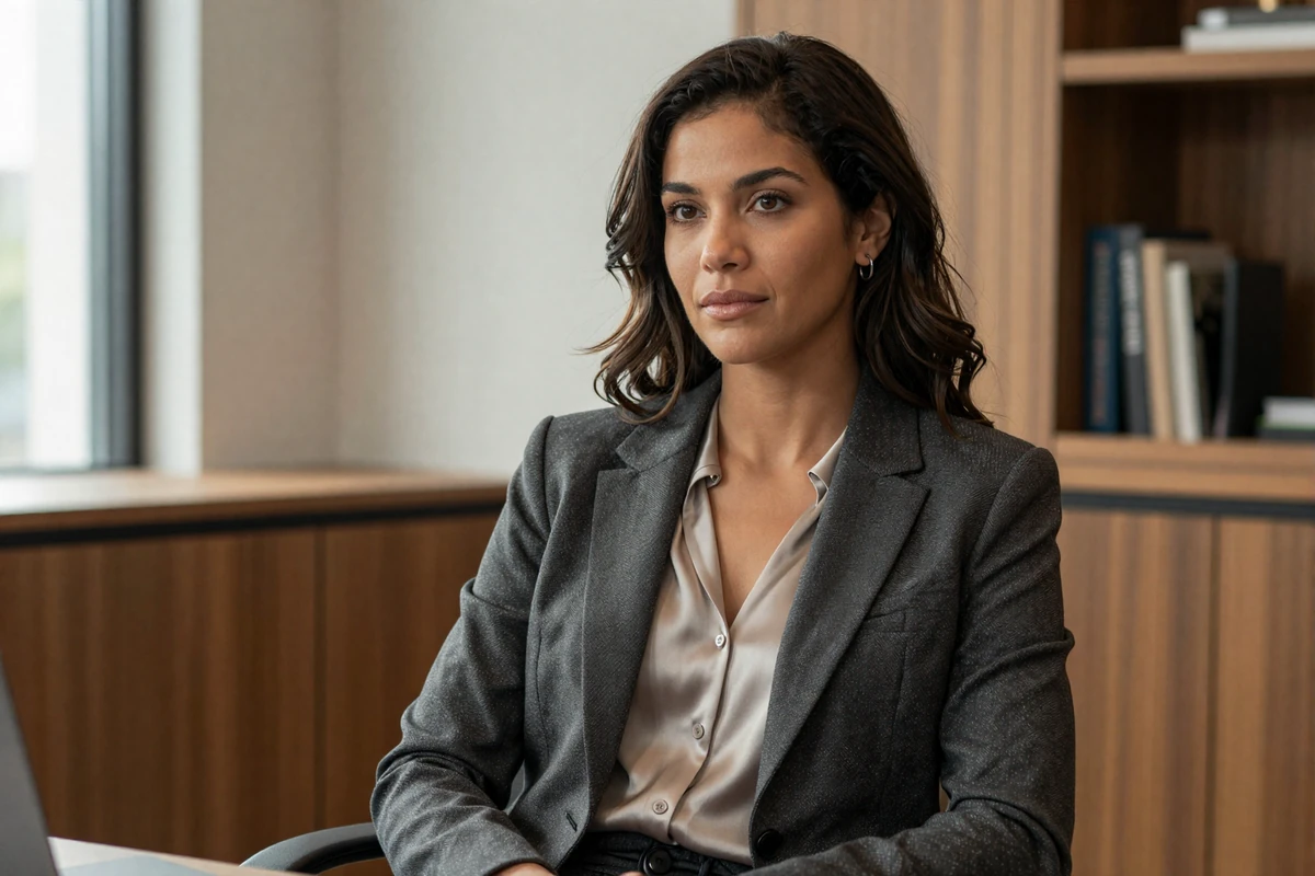 Female psychiatrist in an elegant blazer with a contemplative expression in a modern private office