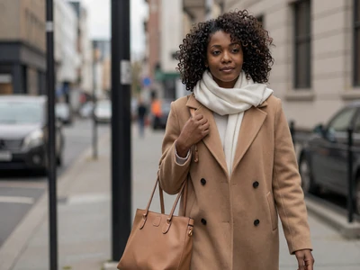 Female doctor in a camel coat walking through a city street with a leather tote bag