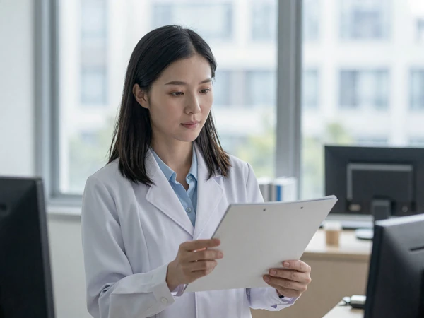 Female oncologist in a lab coat reviewing a medical chart in a bright modern office