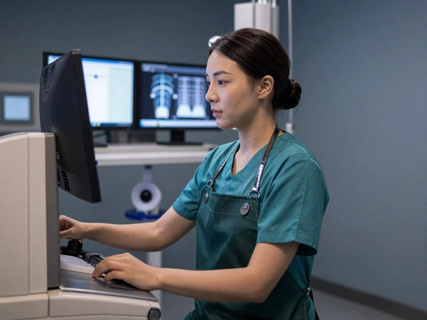 Asian female radiology technologist operating imaging equipment in a radiology suite