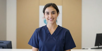 Latina medical assistant in a clinic reception area