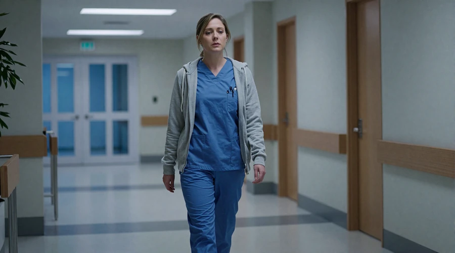 Female respiratory therapist walking through a hospital lobby at night after her shift