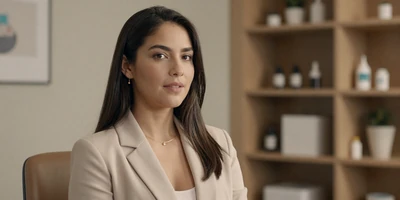 Female nephrologist in a modern medical office wearing a beige blazer