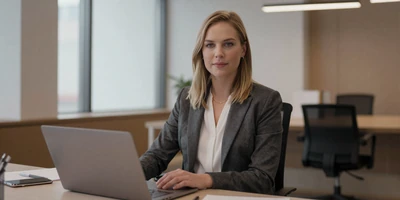 Female internist working at a modern office desk